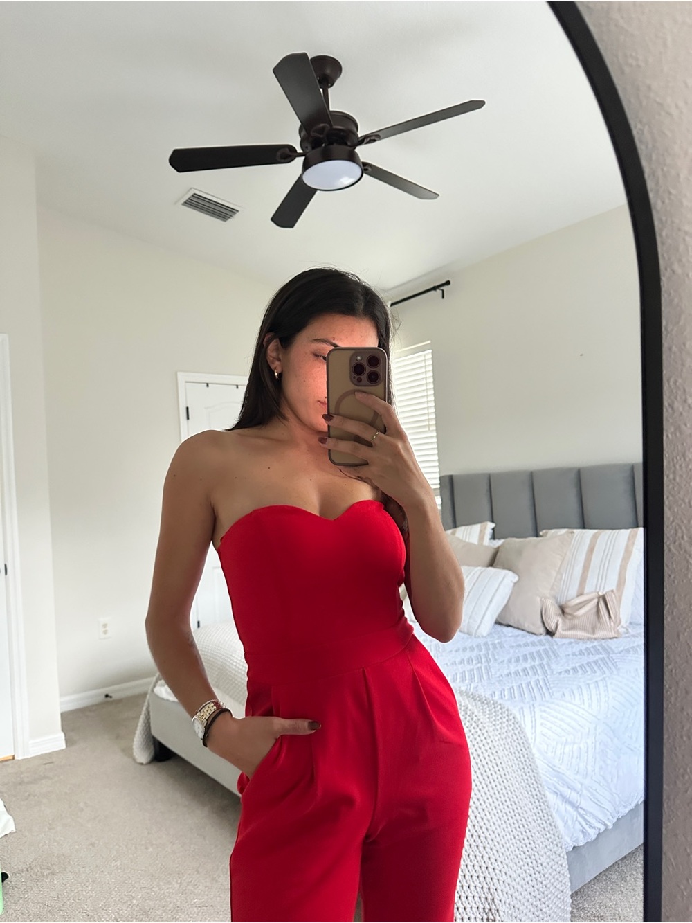 Express Strapless Red Tailored Jumpsuit - Picture 3 of 7
